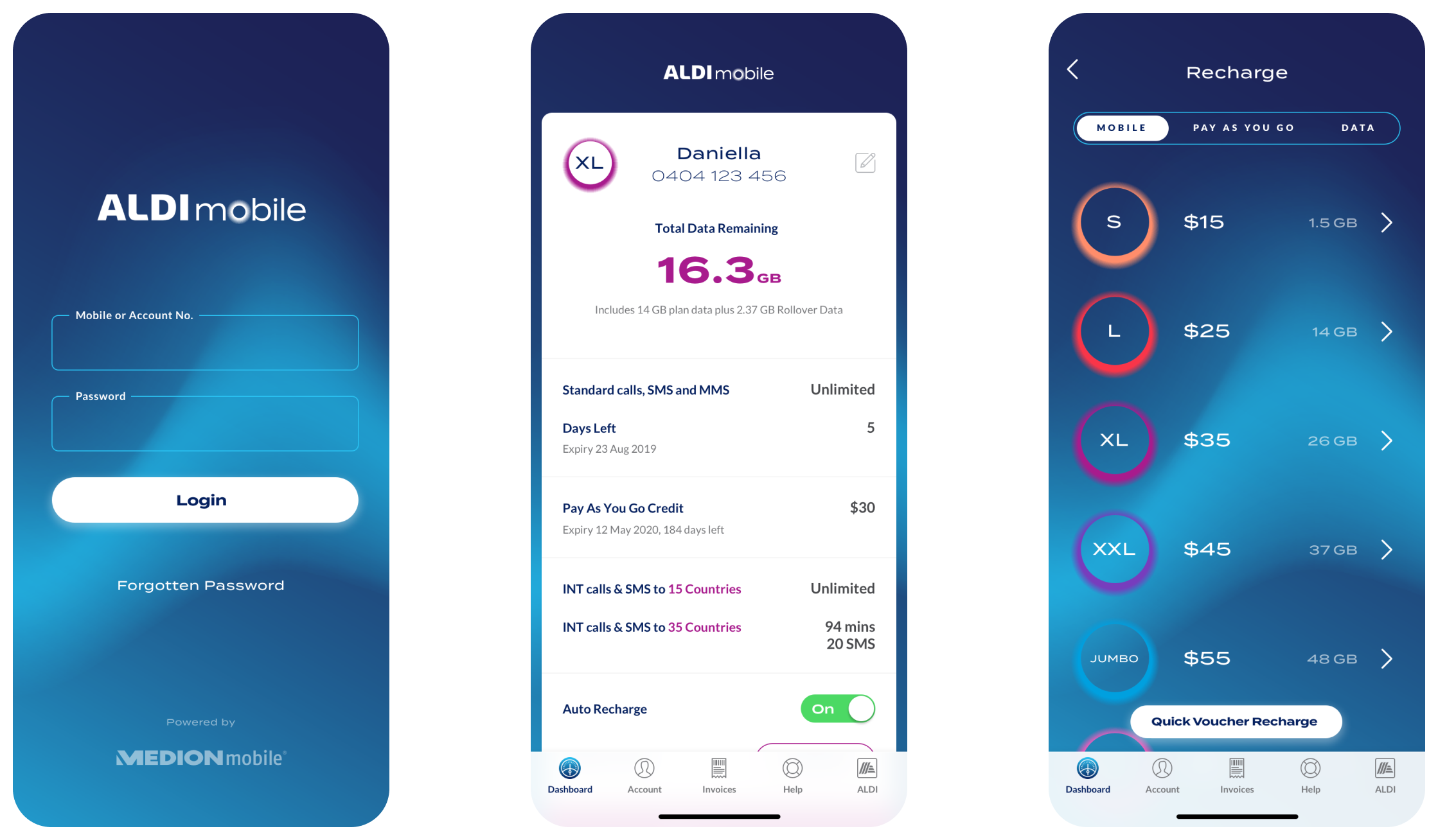 Screenshots of the ALDImobile app showing the sign in and recharge flow
