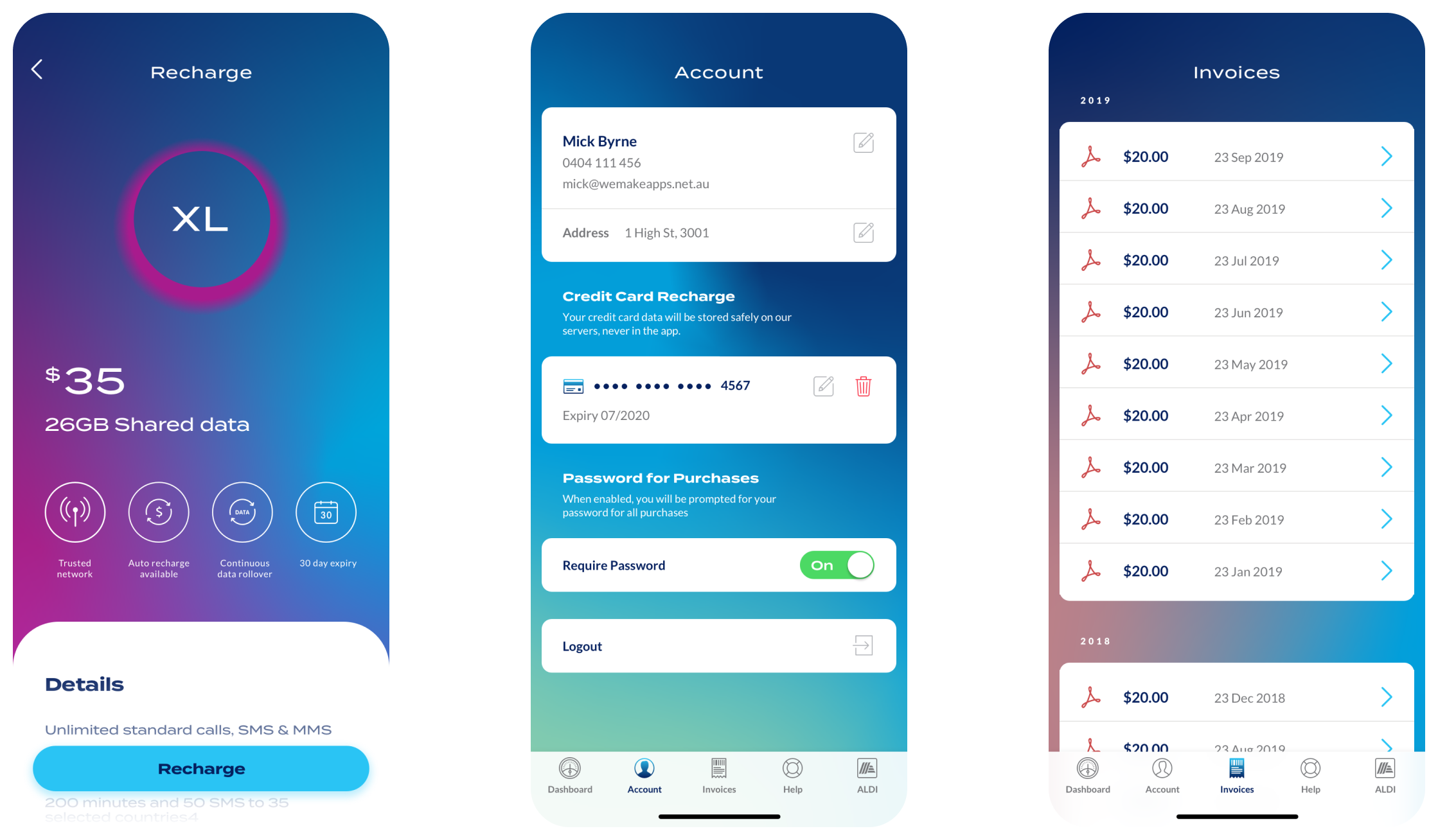 Screenshots of the ALDImobile app showing the account and invoices screens