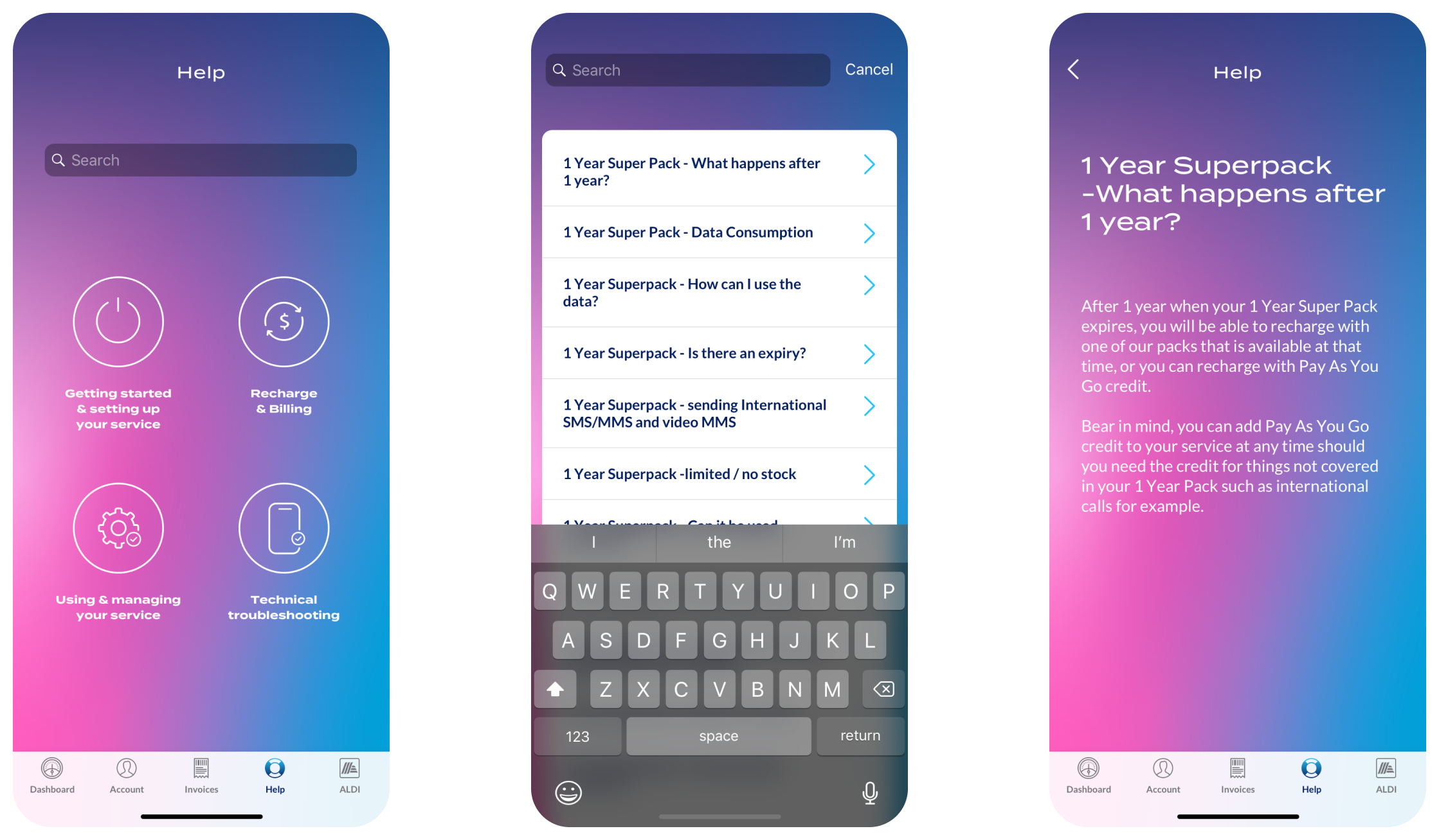 Screenshots of the ALDImobile app showing the help and FAQs screens