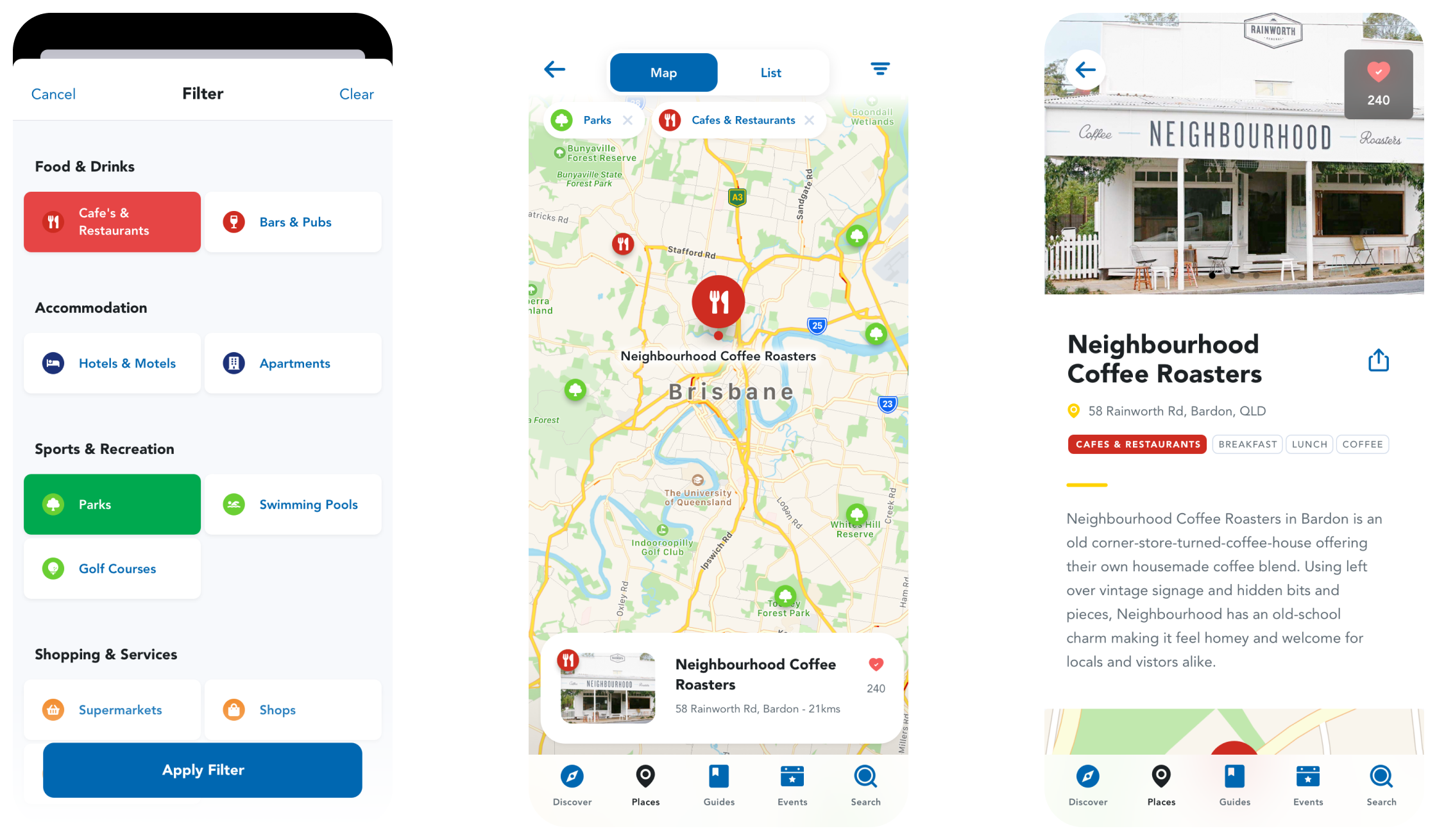 Screenshots of the Brisbane app
