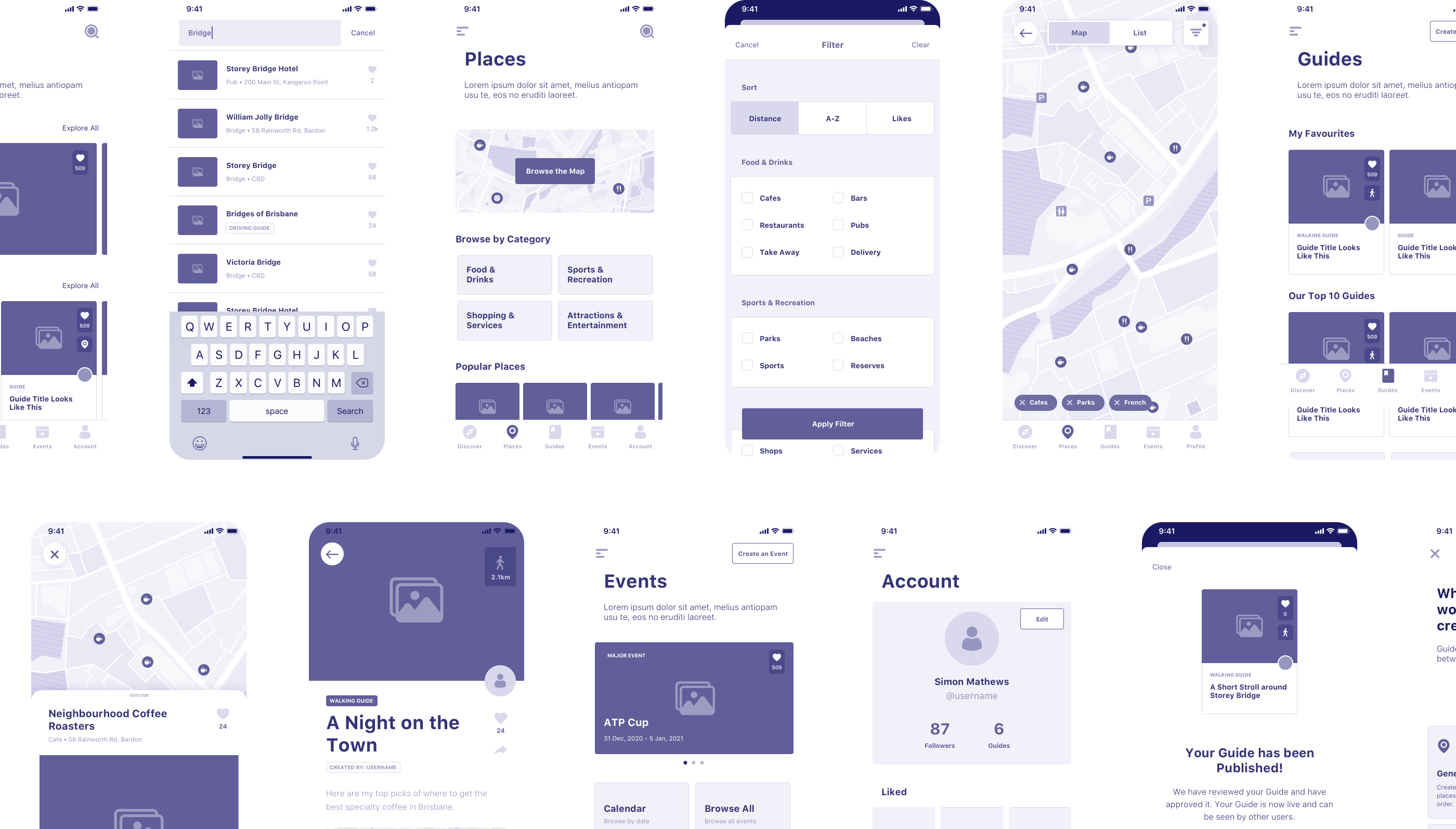 Wireframes of the Brisbane app