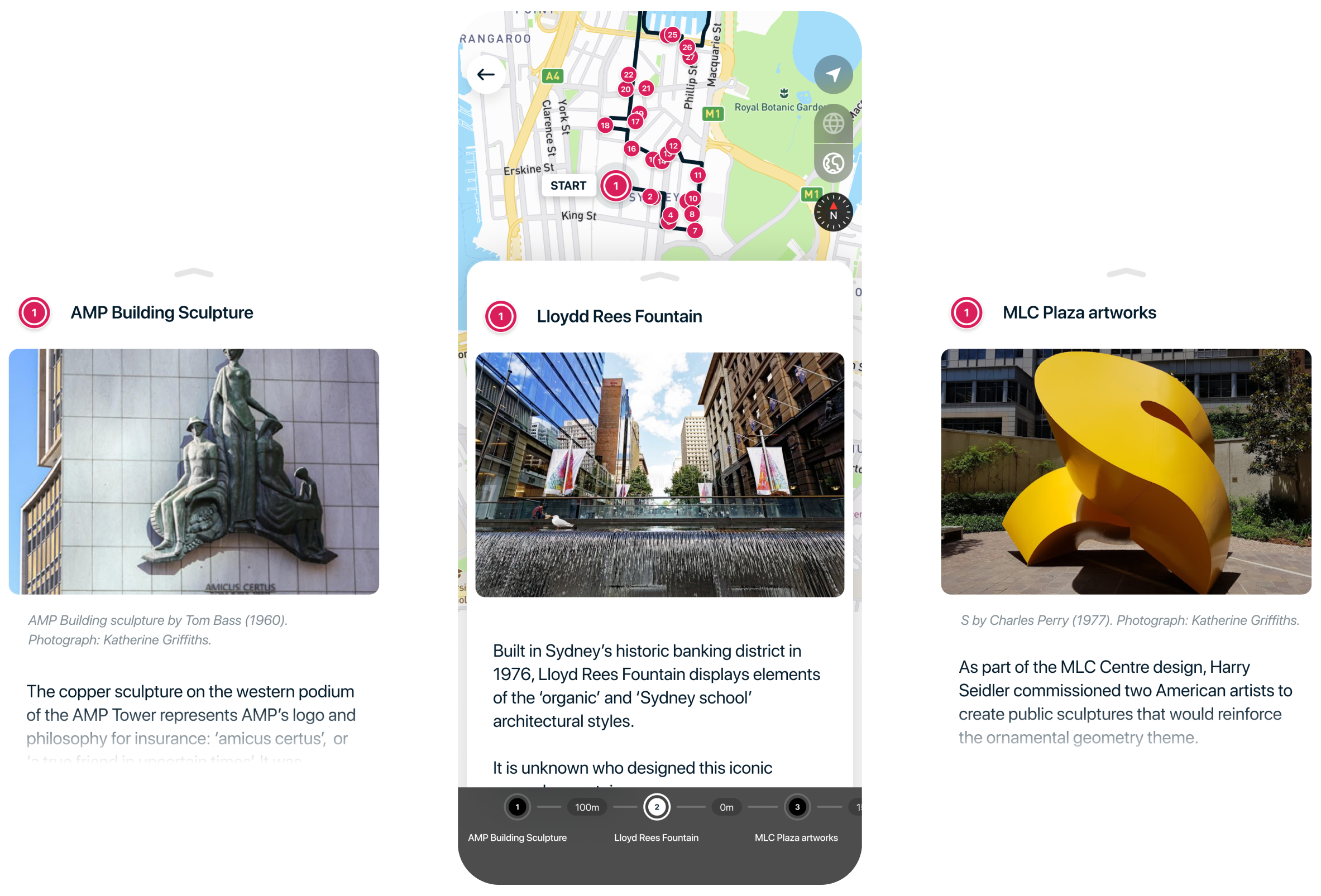 Screenshots of the Sydney Culture Walks app showing the tour detail and location cards