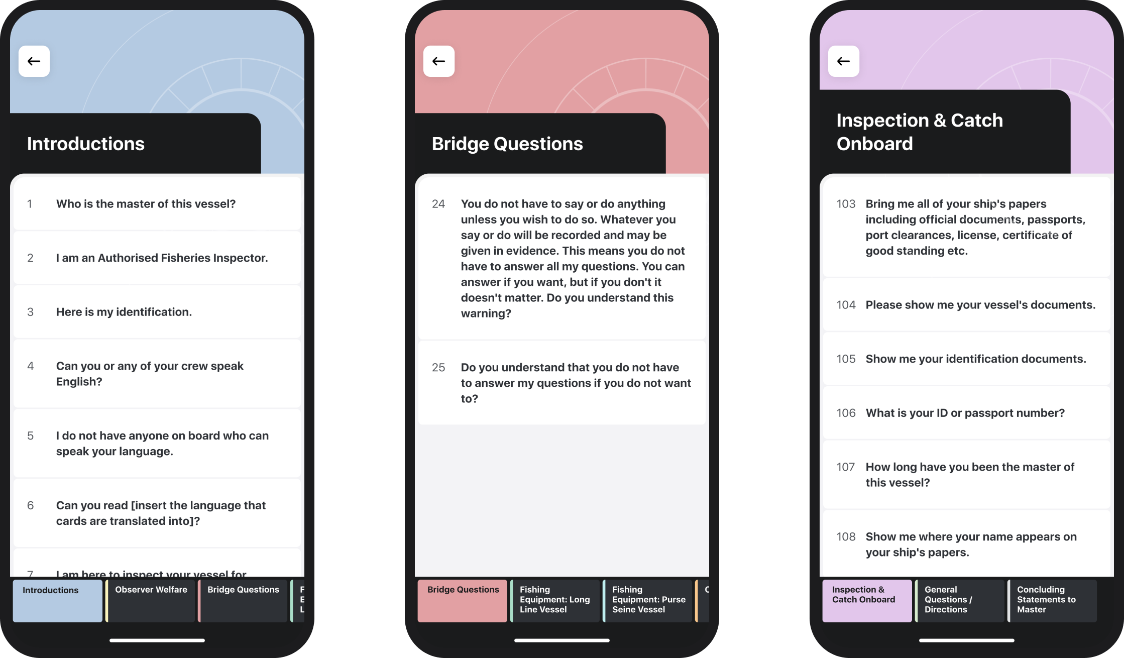 Screenshots of the Fish Talk app showing more translation categories and phrases