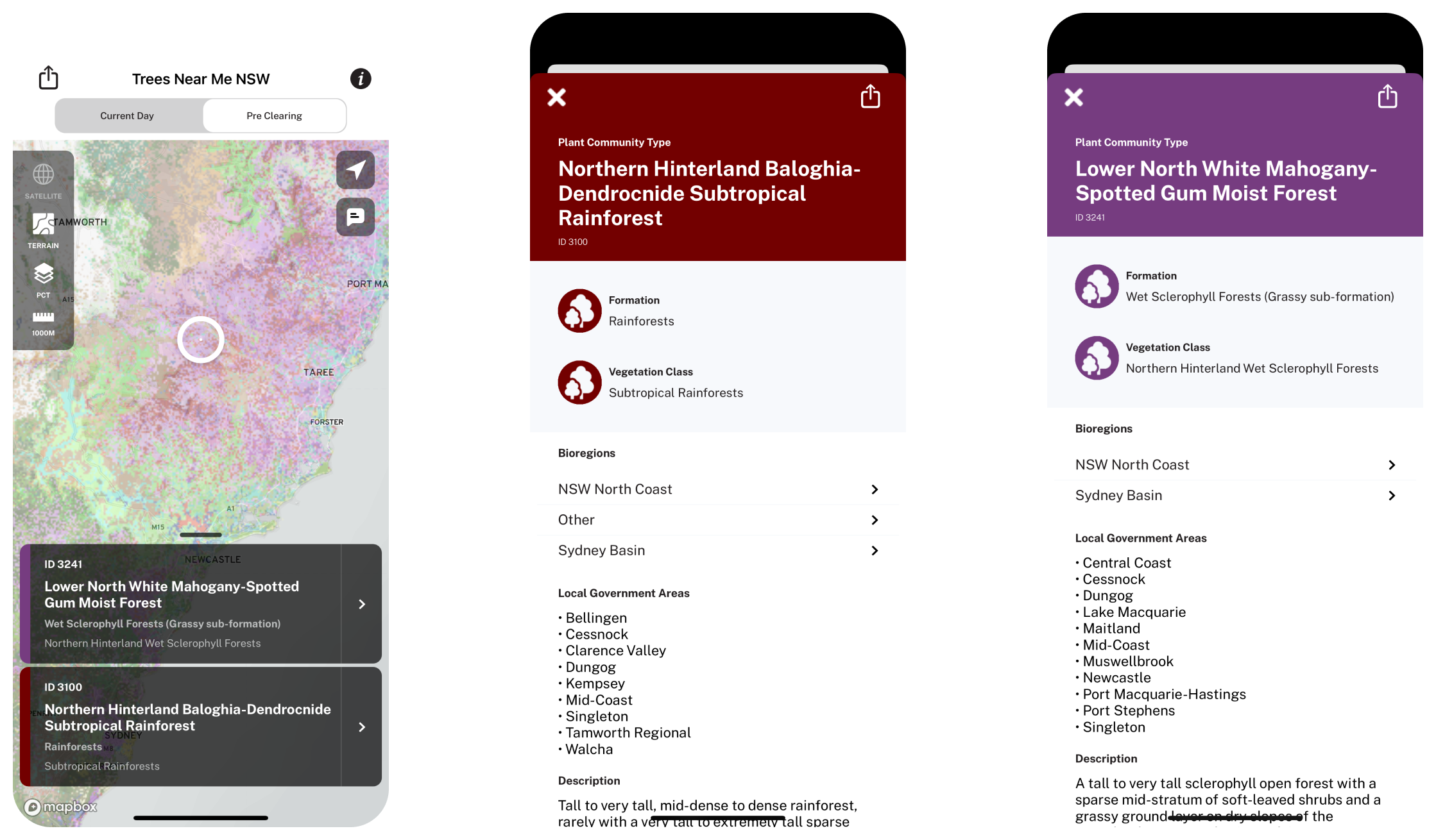 Screenshots of the Trees Near Me app
